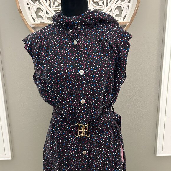 Coach Dress Silk Signature Navy Pink Dot SZ2 Sleeveless Midi Belted Classic - Picture 5 of 12